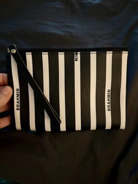 BRAHMIN Black and White Striped Wristlet Pouch NWOT